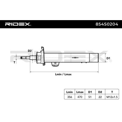 854S0204 RIDEX Stoßdämpfer links, Gasdruck, 521x357 mmx22 mm, Zweirohr,  Federbein, oben Stift, unten Schelle für BMW 3er