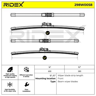 RIDEX 298W0072 Scheibenwischer 650/ 580mm, 26/ 23 Zoll, Rahmenlos